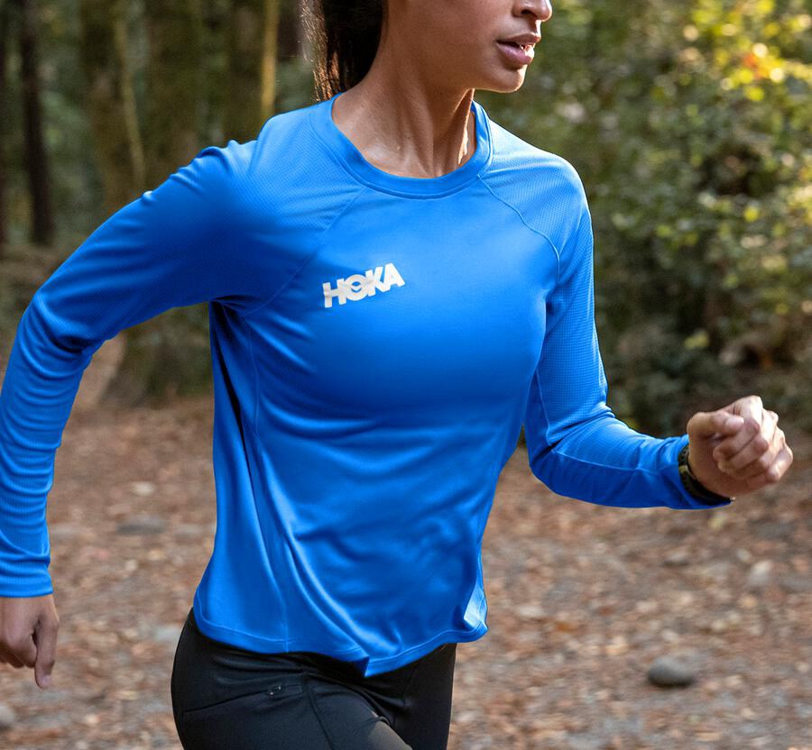 Hoka One One Performance Lång Sleeve Top Dam - Blå - TSFPC-1627